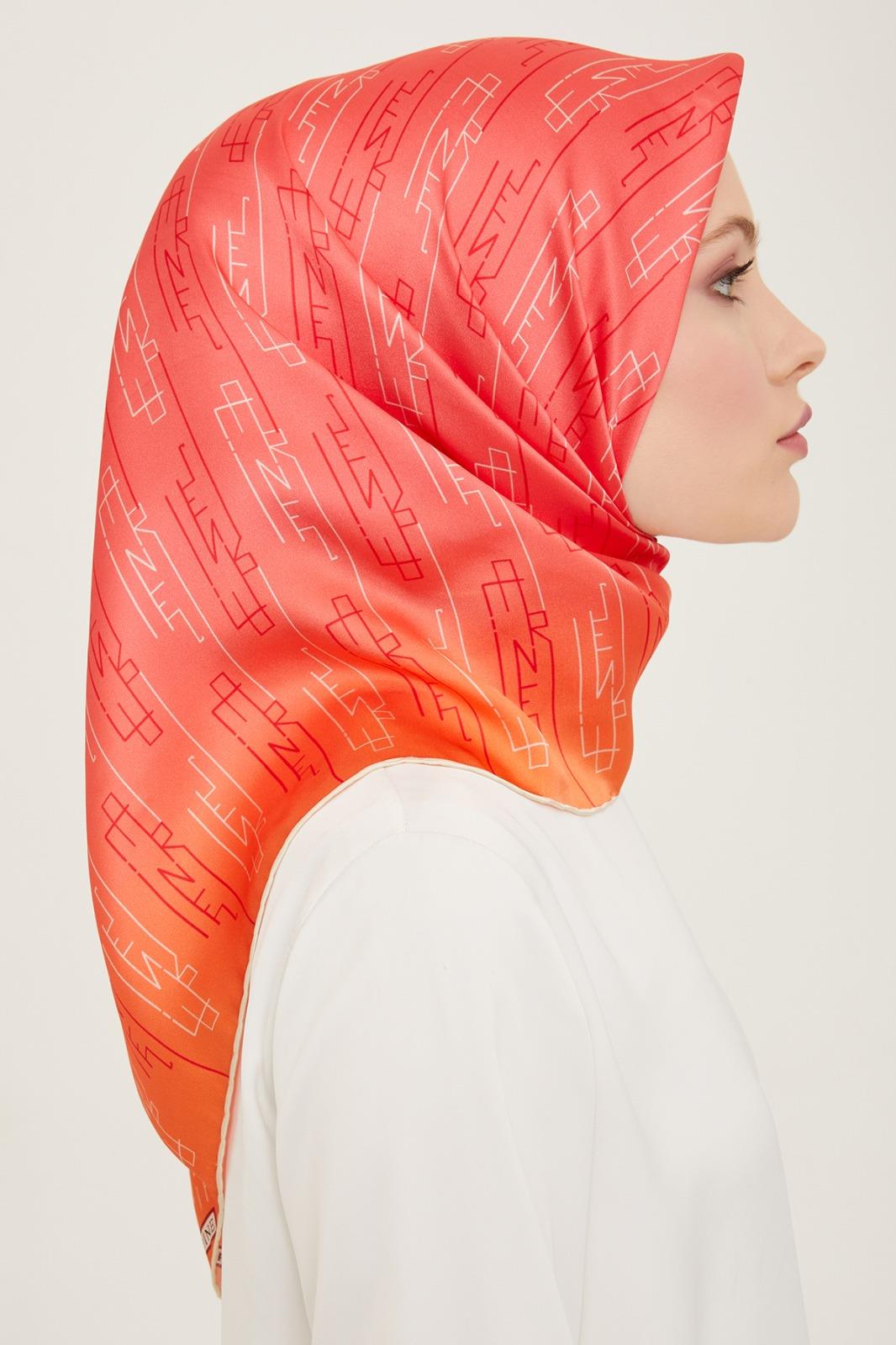 Armine Pink-Orange Text Pattern Twill Silk Scarf 9142-81