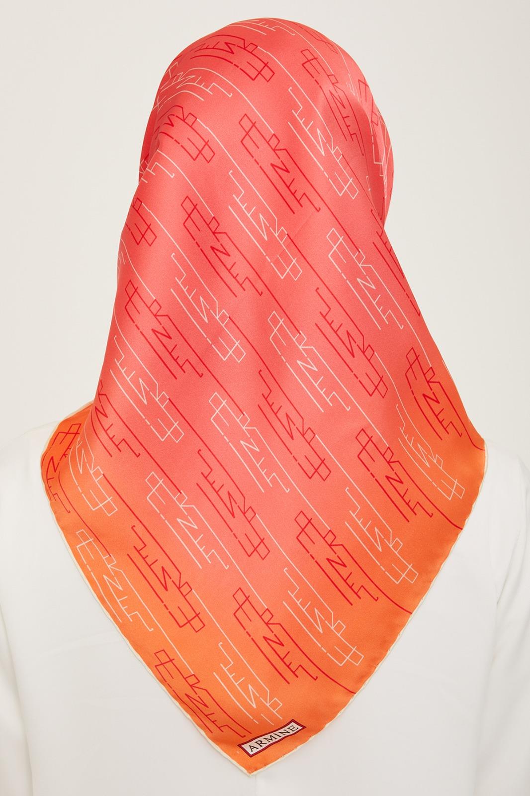 Armine Pink-Orange Text Pattern Twill Silk Scarf 9142-81