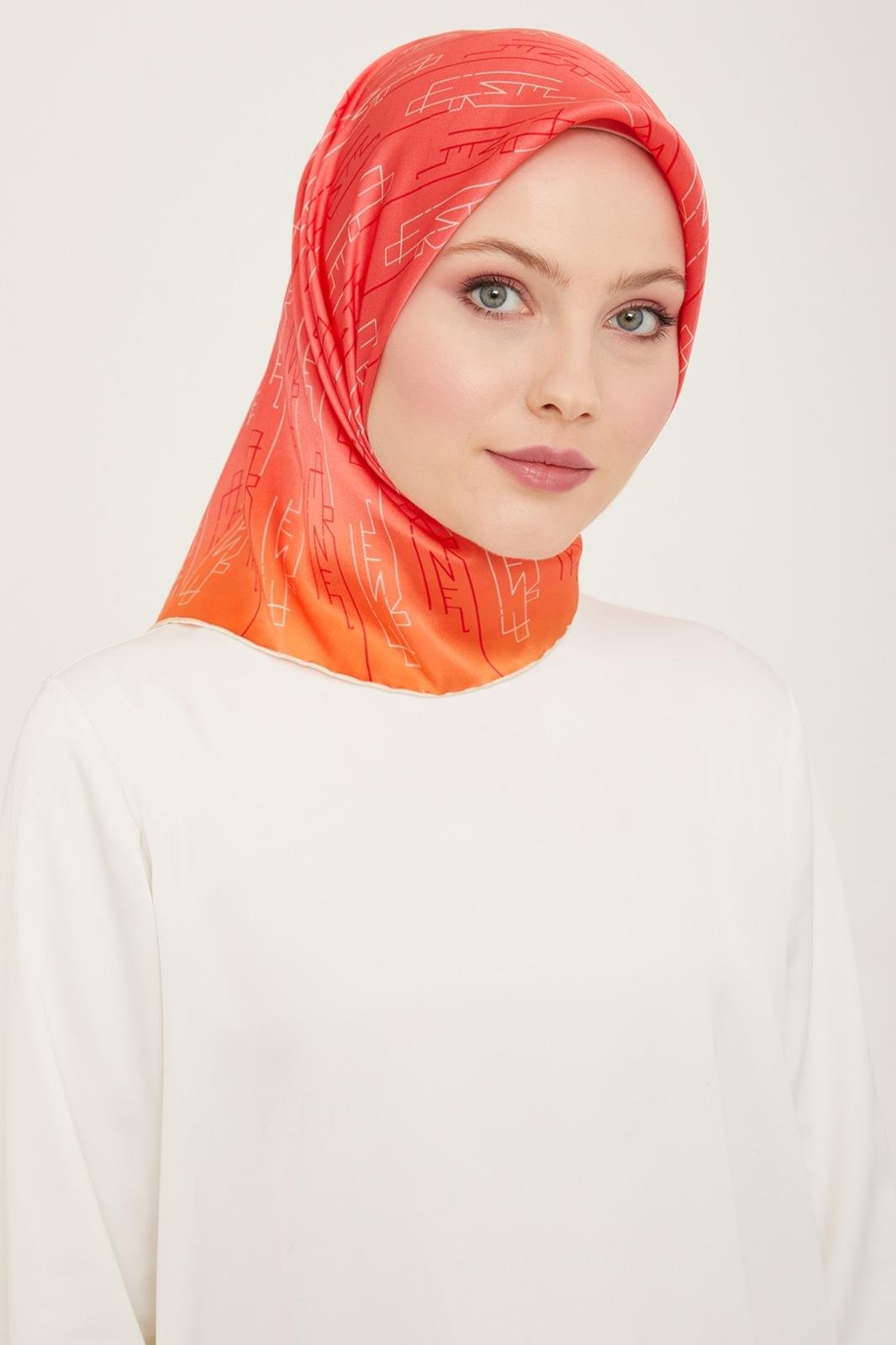 Armine Pink-Orange Text Pattern Twill Silk Scarf 9142-81