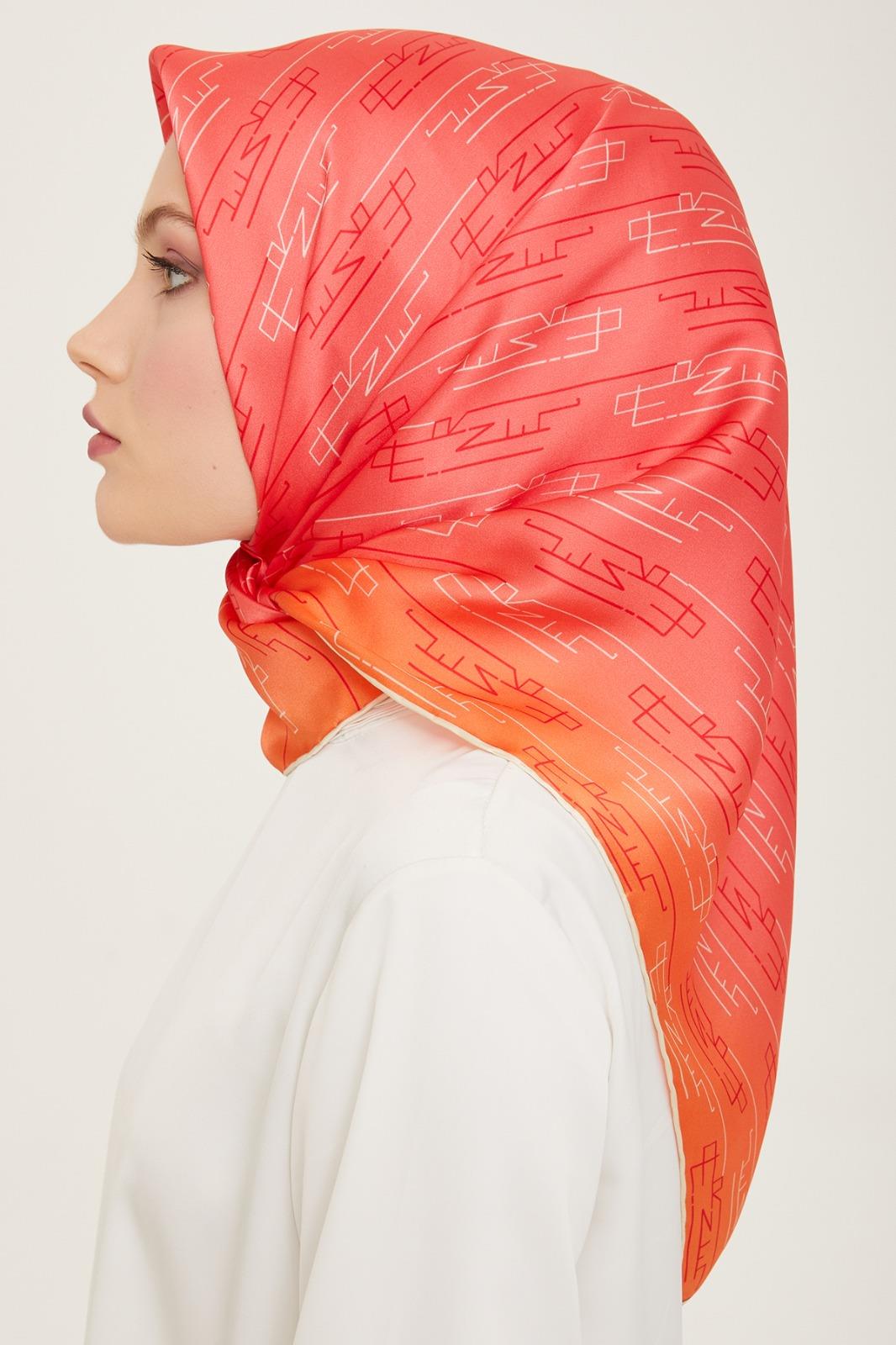 Armine Pink-Orange Text Pattern Twill Silk Scarf 9142-81