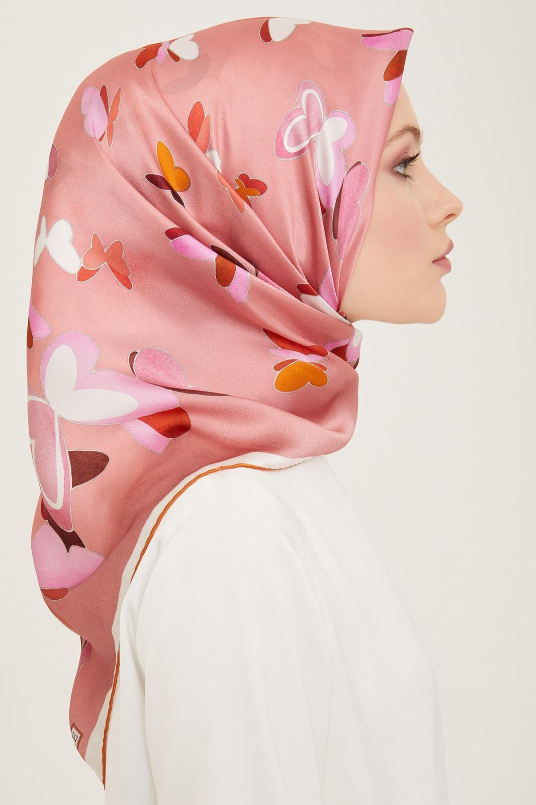 Armine Powder-Brick Butterfly Pattern Satin Silk Scarf 9146-52