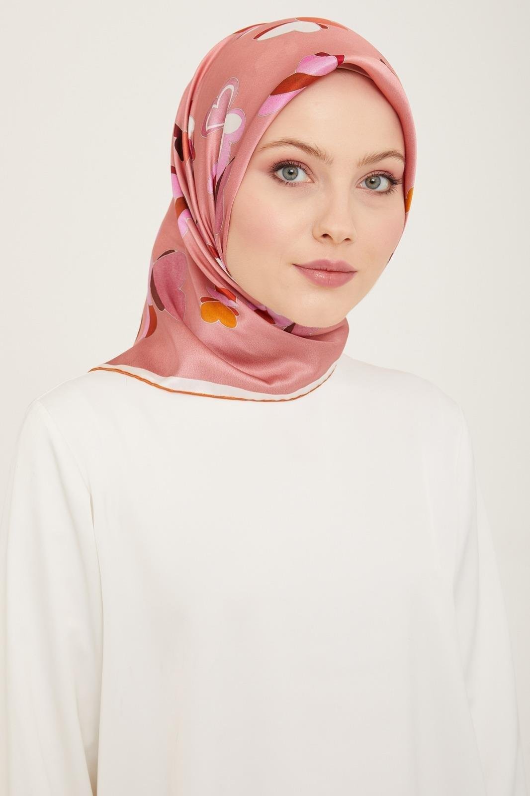 Armine Powder-Brick Butterfly Pattern Satin Silk Scarf 9146-52