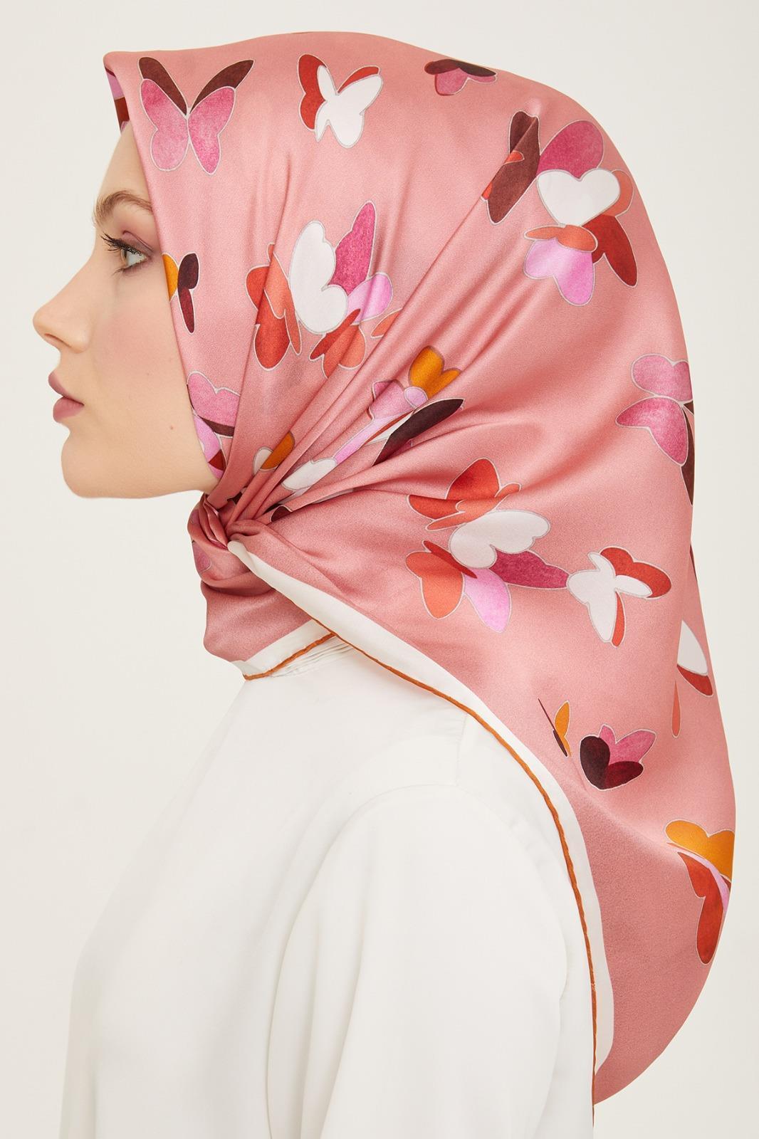 Armine Powder-Brick Butterfly Pattern Satin Silk Scarf 9146-52