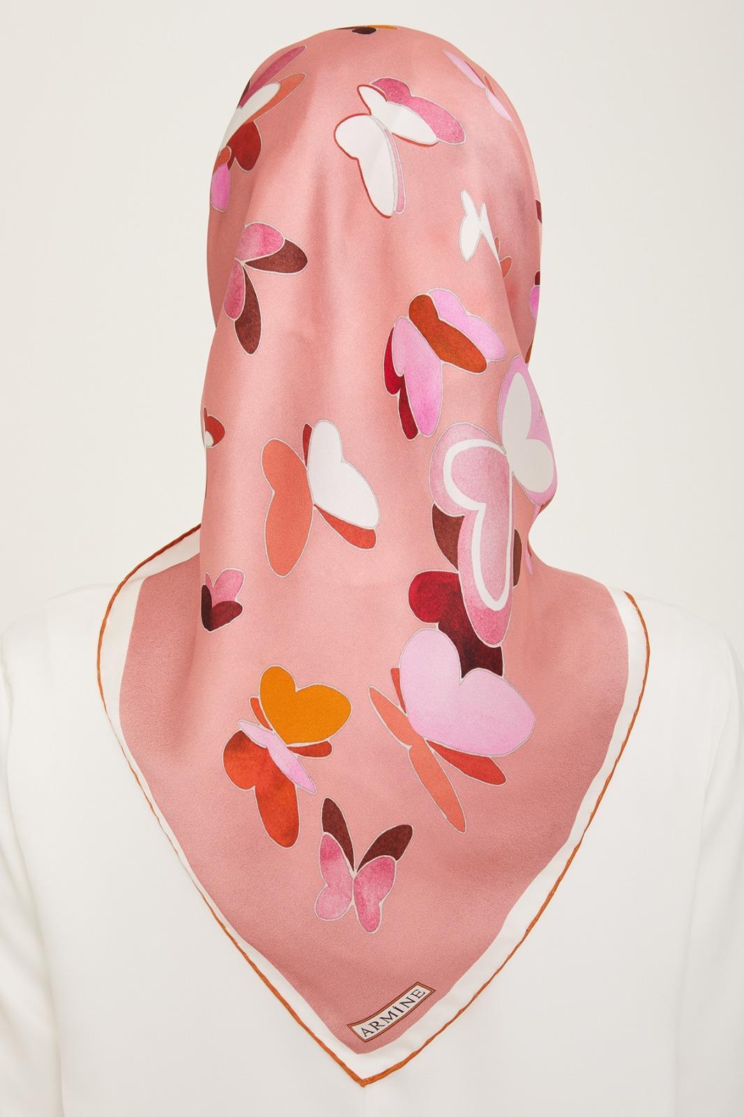 Armine Powder-Brick Butterfly Pattern Satin Silk Scarf 9146-52