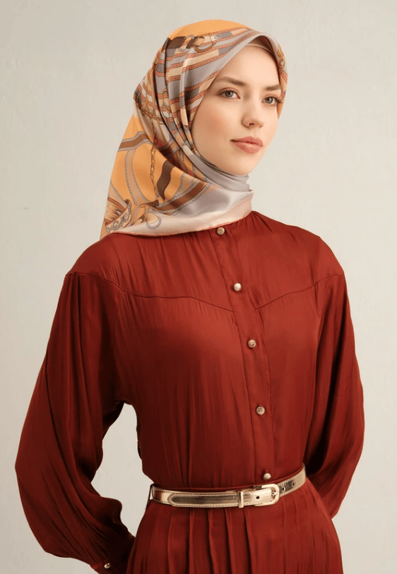 Armine Sura İpek Eşarp 9315-80 Turuncu Karışık Desen 