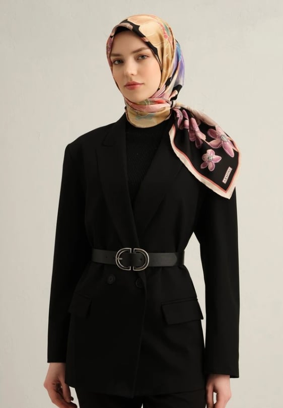 Armine Sura İpek Eşarp 9318-04 Siyah Karışık Desen 