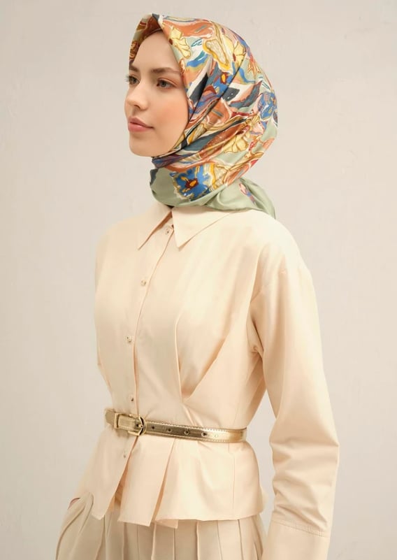 Armine Sura İpek Eşarp 9332-57 Yeşil Karışık Desen 