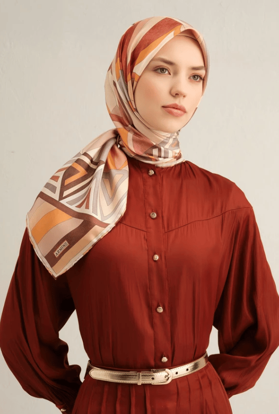 Armine Sura İpek Eşarp 9336-05 Turuncu Karışık Desen 