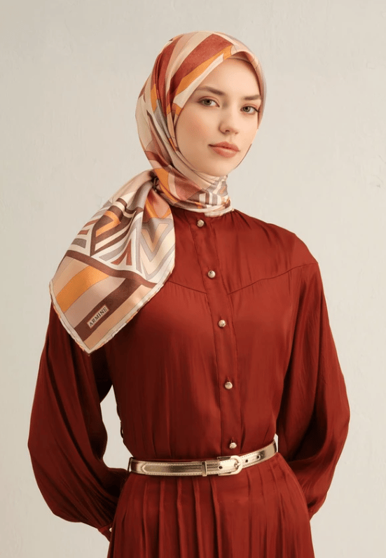 Armine Sura İpek Eşarp 9336-05 Turuncu Karışık Desen 