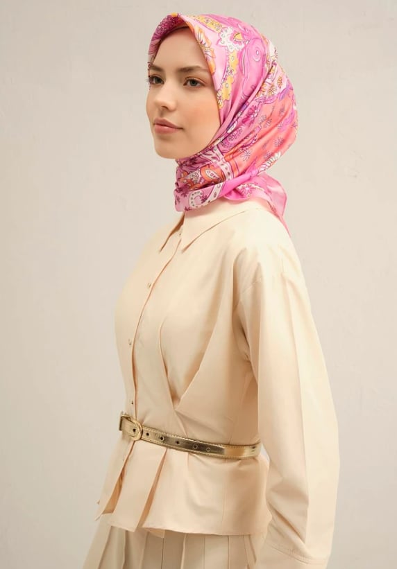 Armine Sura İpek Eşarp 9338-54 Pembe Karışık Desen 