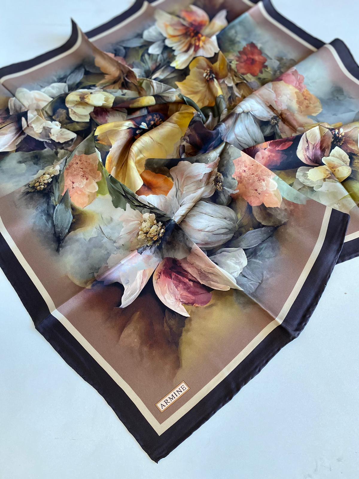 Armine Twill Silk Scarf 9211-38 Brown Mixed Pattern