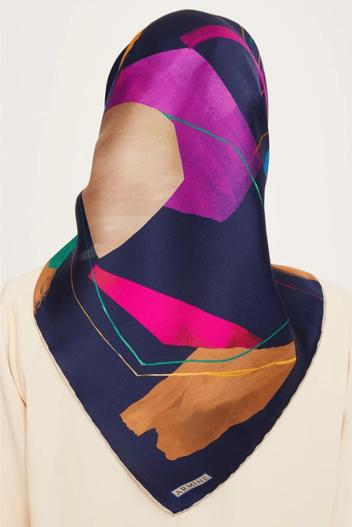 Armine Twill Silk Scarf 9241-80 Navy Blue Mixed Pattern