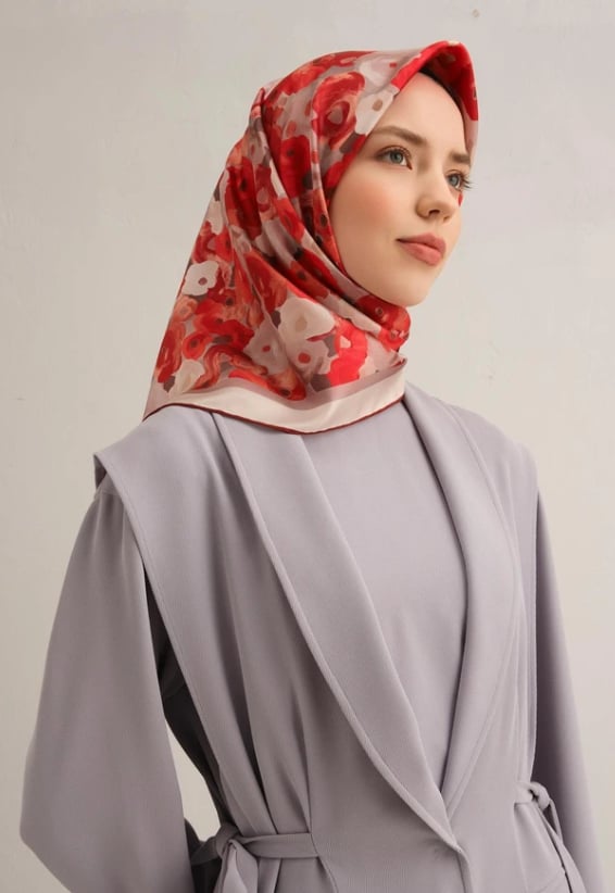 Armine Tivil İpek Eşarp 9300-04 Kırmızı Karışık Desen 
