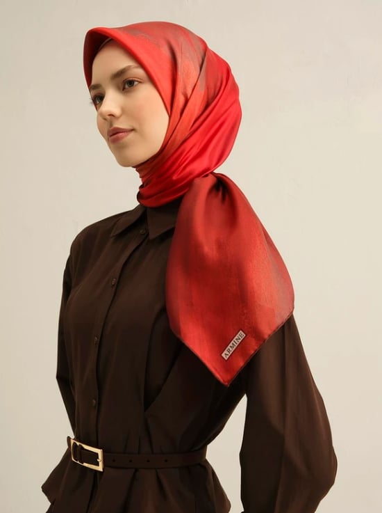 Armine Tivil İpek Eşarp 9308-34 Kırmızı Karışık Desen 