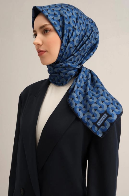 Armine Tivil İpek Eşarp 9321-57 Lacivert Karışık Desen 