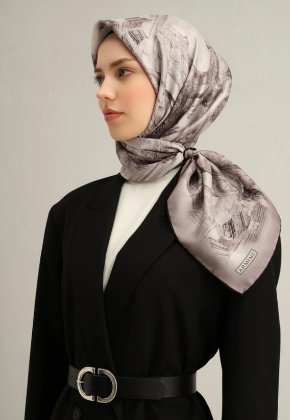 Armine Tivil İpek Eşarp 9326-81 Gri Karışık Desen 