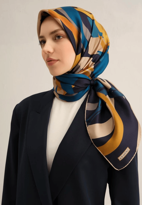 Armine Tivil İpek Eşarp 9328-56 Lacivert Karışık Desen 
