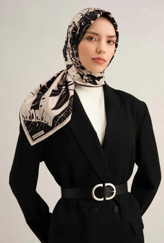 Armine Tivil İpek Eşarp 9353-04 Siyah Karışık Desen 