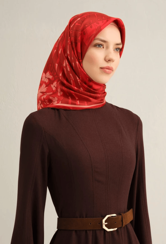 Armine Tivil İpek Eşarp 9353-34 Kırmızı Karışık Desen 
