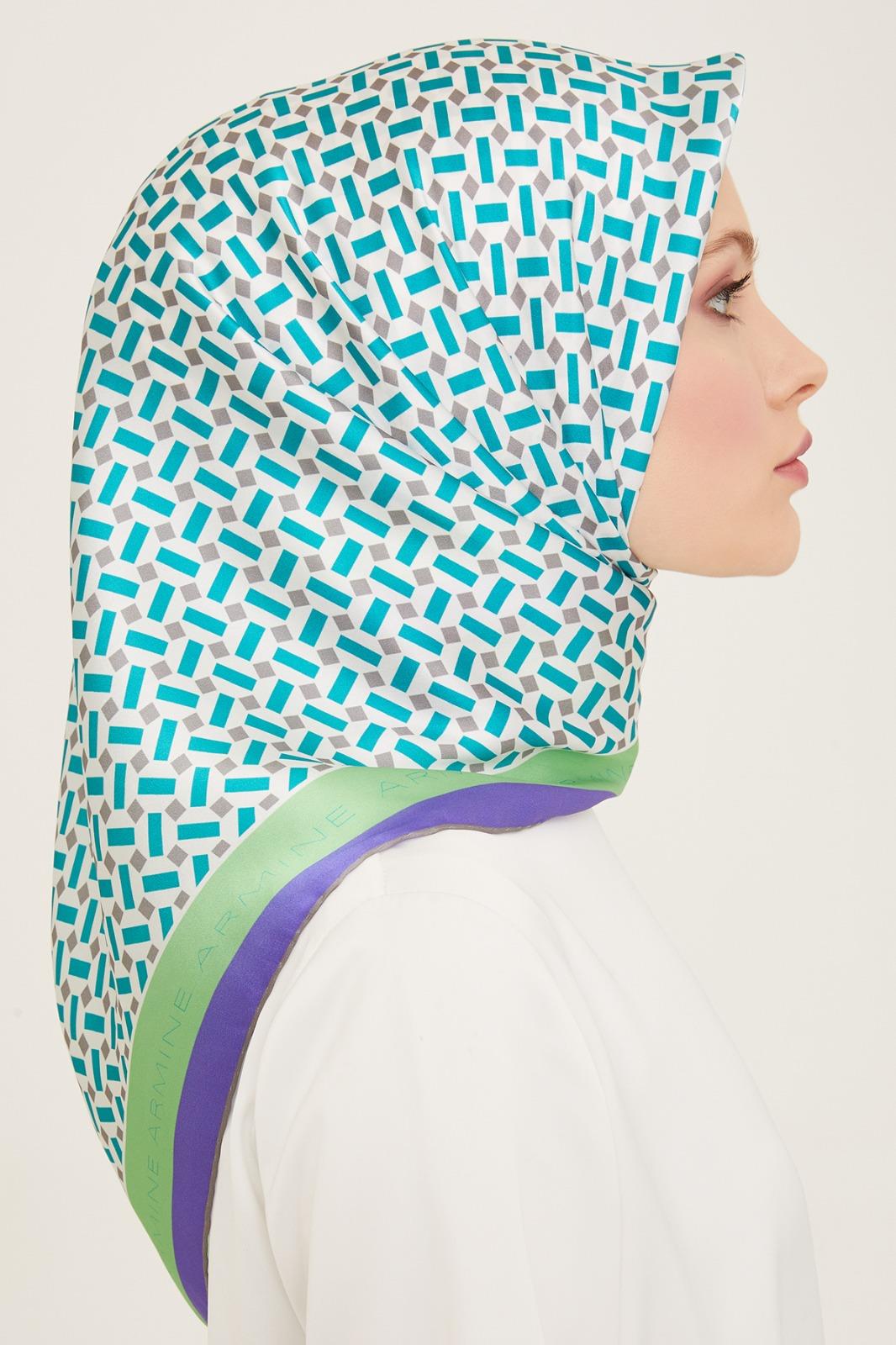 Armine Turkuaz Gri Geometrik Desen Sura İpek Eşarp 9151-51