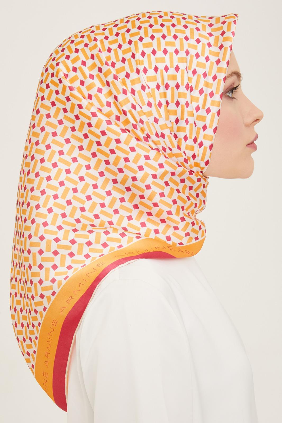 Armine Turuncu-Pembe Geometrik Desen Sura İpek Eşarp 9151-52