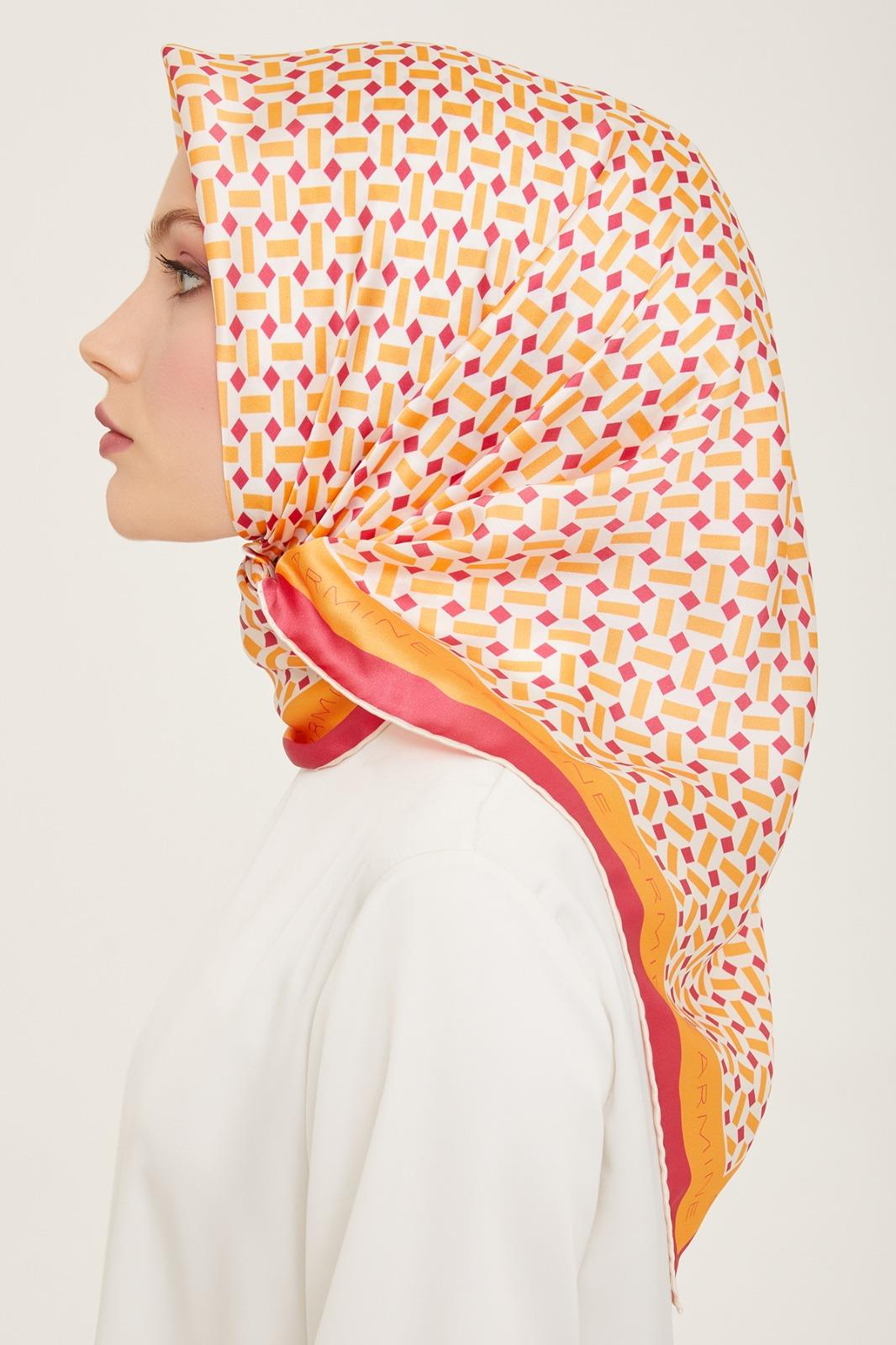 Armine Turuncu-Pembe Geometrik Desen Sura İpek Eşarp 9151-52