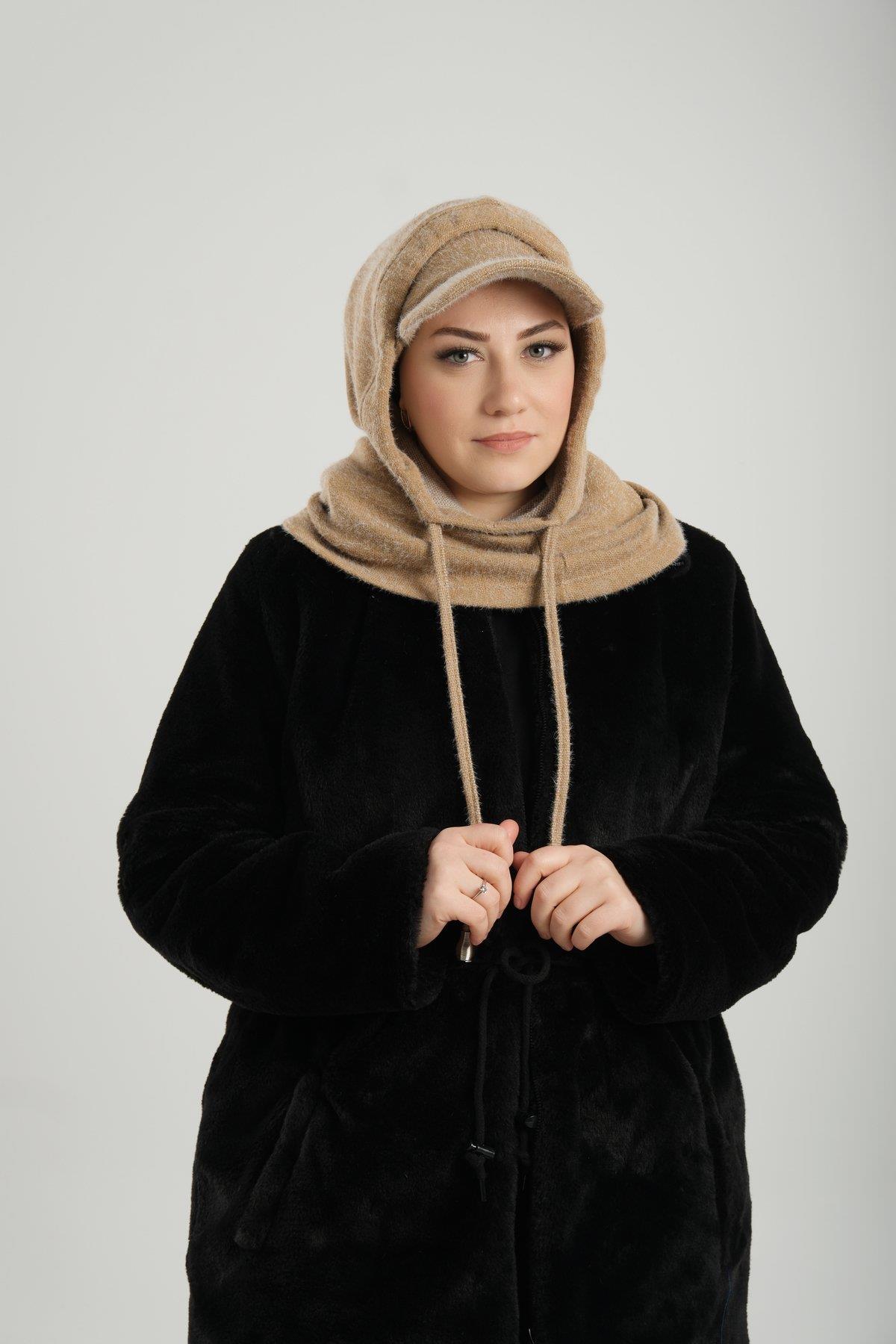 Bej Bağcıklı Peluş Salaş Şapkalı Balaklava Boyunluklu Bere Jakar Düz 2332_12