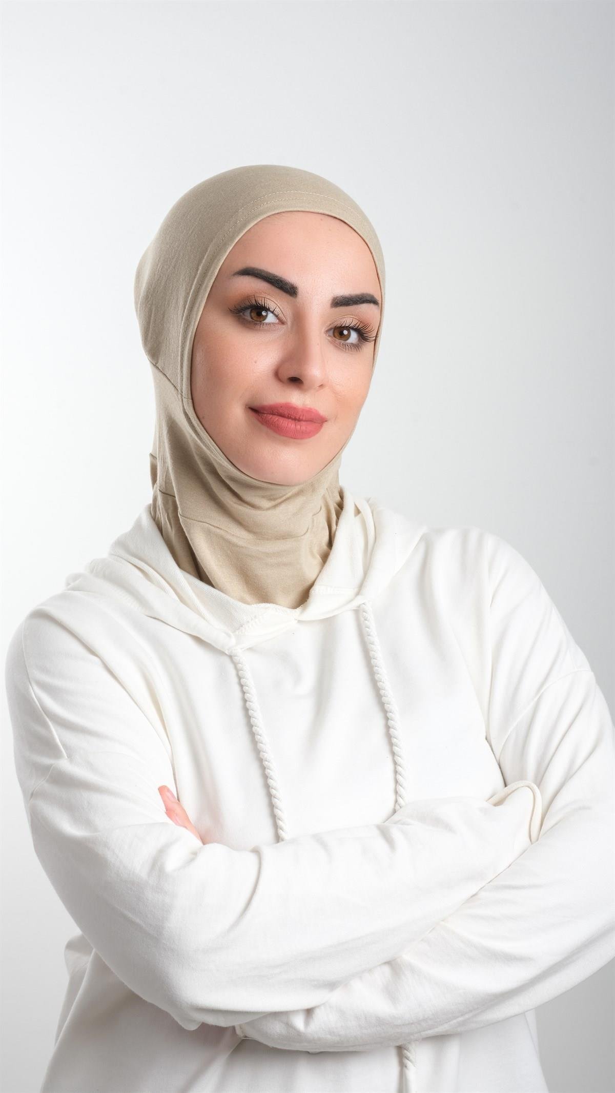 Bej Pratik Hazır Geçmeli Tesettür Bone Sandy Kumaş Spor Hijab 2113_12