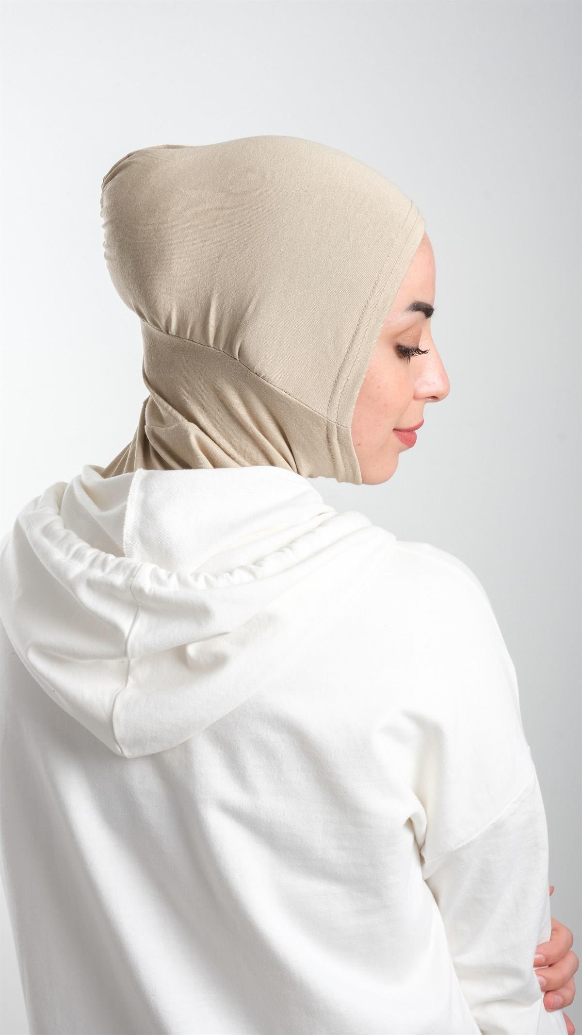Bej Pratik Hazır Geçmeli Tesettür Bone Sandy Kumaş Spor Hijab 2113_12