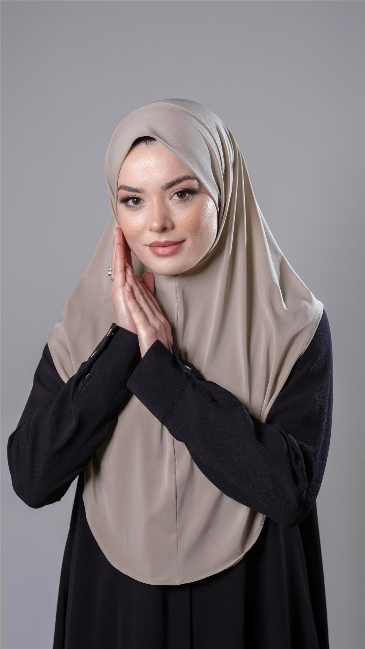 Bej Pratik Hazır Geçmeli Tesettür Eşarp Sandy Kumaş Düz Hijab 2308_12