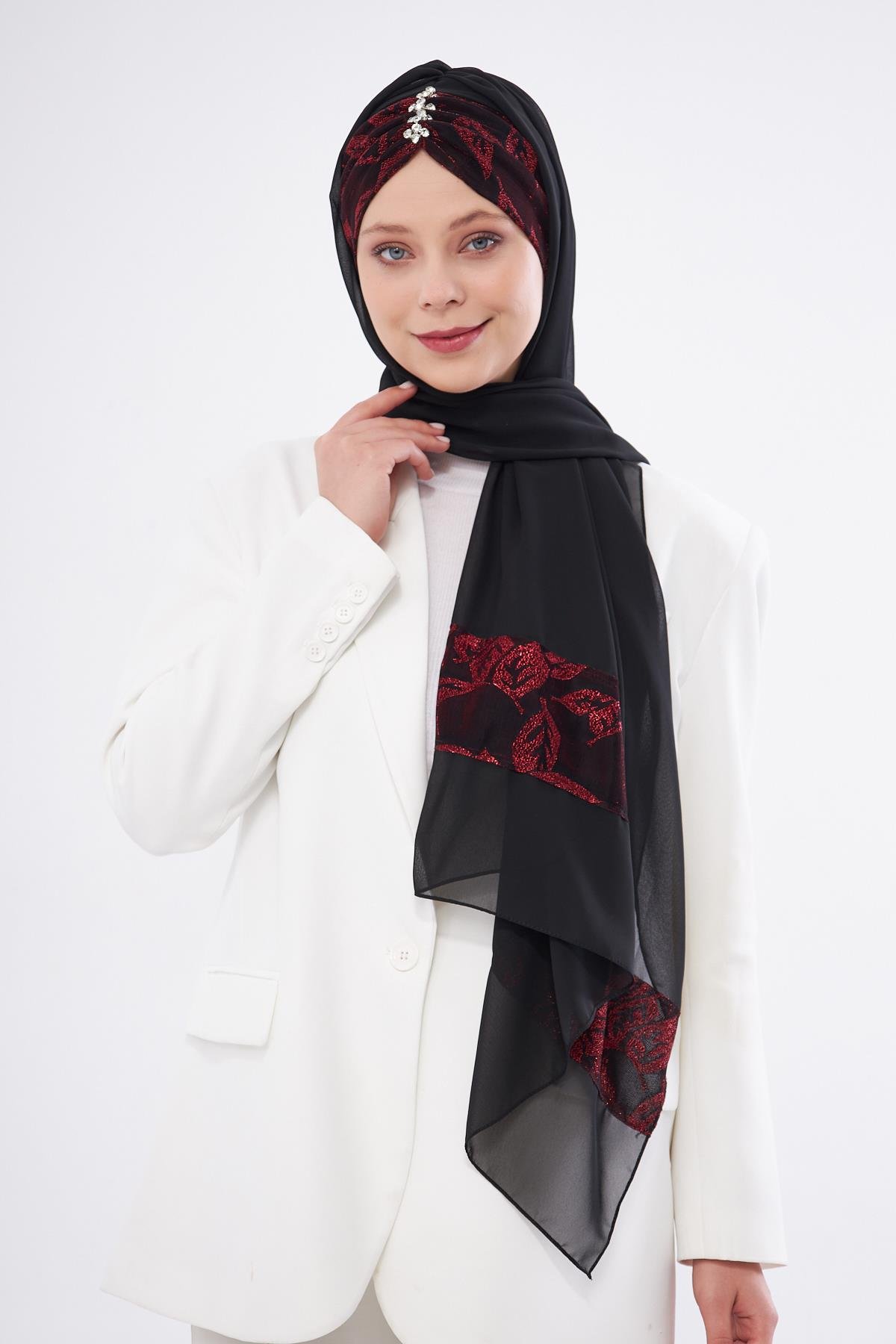 Bordo Çapraz Arkadan Bağlamalı Şal Şifon Çiçek Desenli 2319_16
