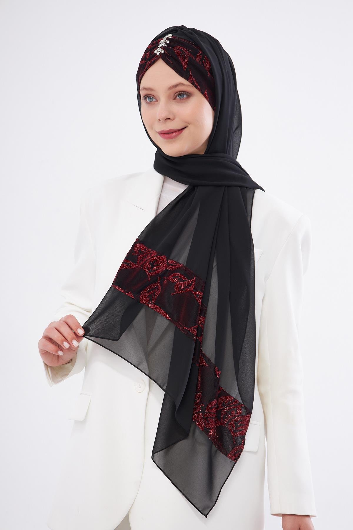 Bordo Çapraz Arkadan Bağlamalı Şal Şifon Çiçek Desenli 2319_16