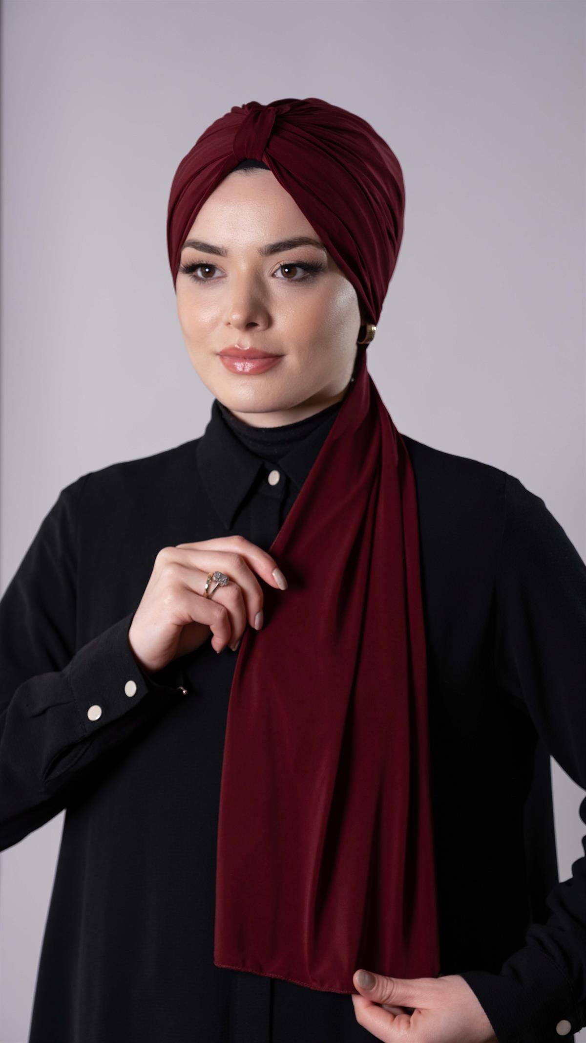 Bordo Pratik Hazır Geçmeli Tesettür Bone Sandy Kumaş Atkılı  2204_16