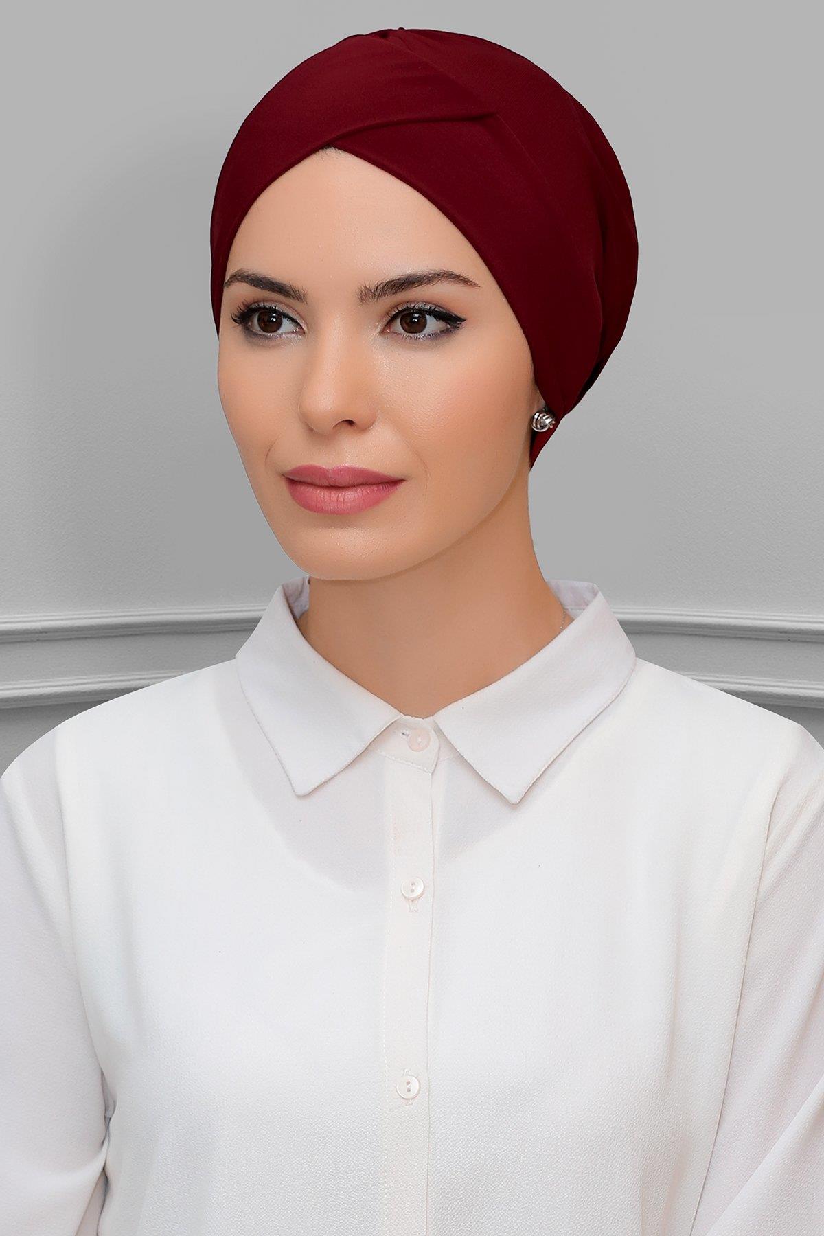Bordo Pratik Hazır Geçmeli Tesettür Bone Sandy Kumaş Çapraz Büzgülü 1801_16