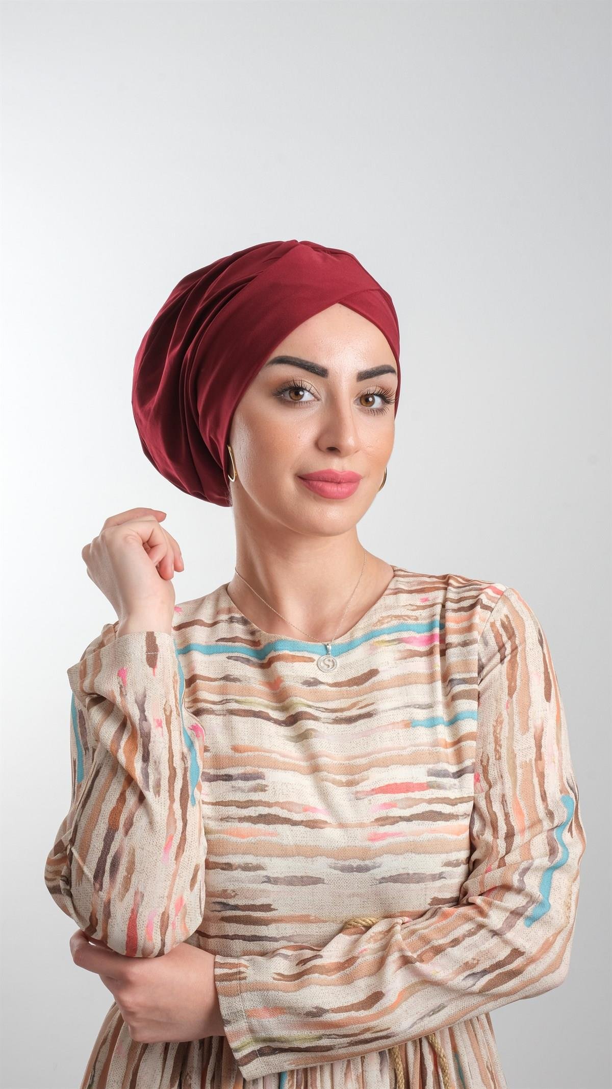 Bordo Pratik Hazır Geçmeli Tesettür Bone Sandy Kumaş Büzgülü 2114_16