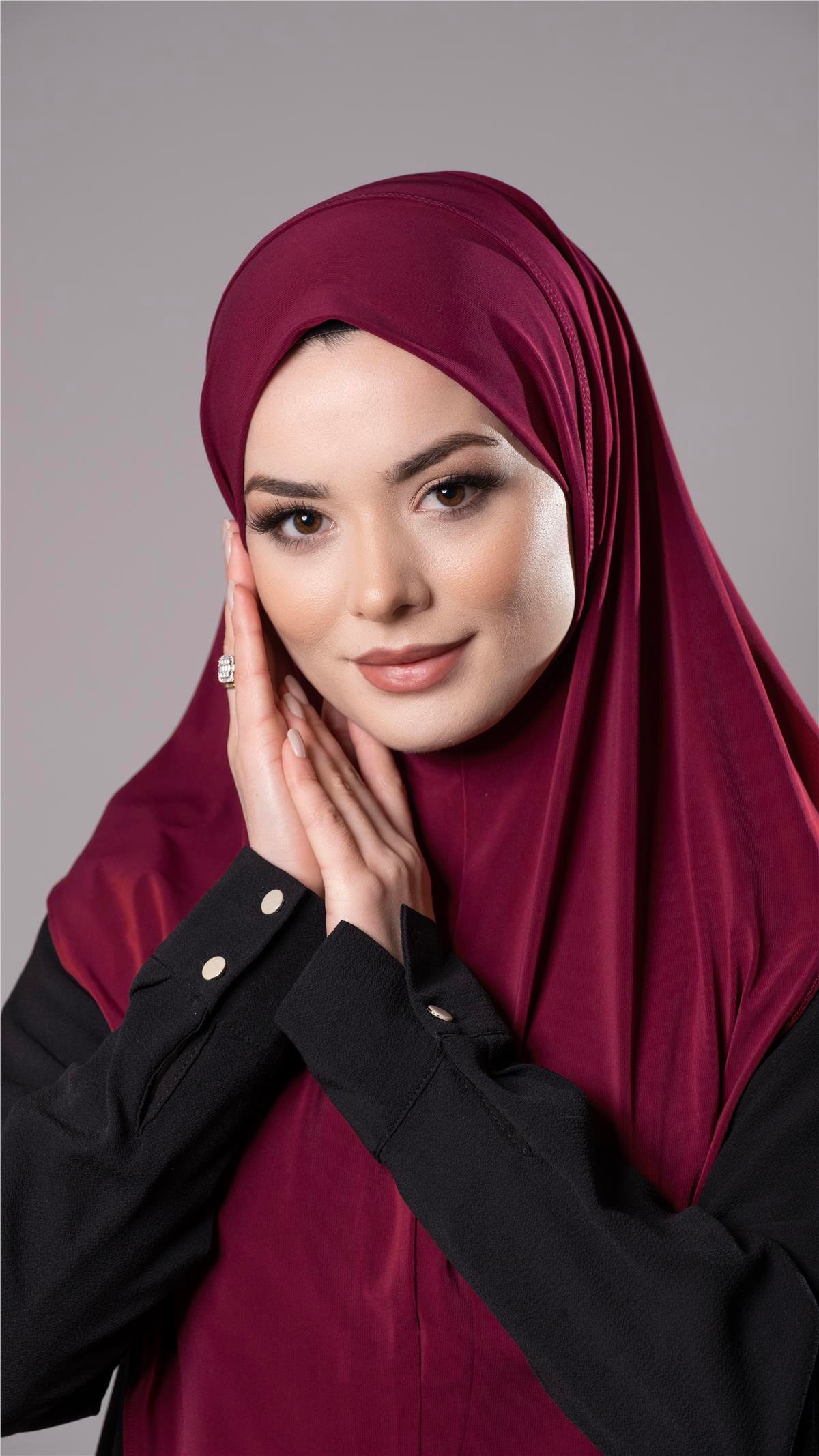 Bordo Pratik Hazır Geçmeli Tesettür Eşarp Sandy Kumaş Düz Hijab 2308_16