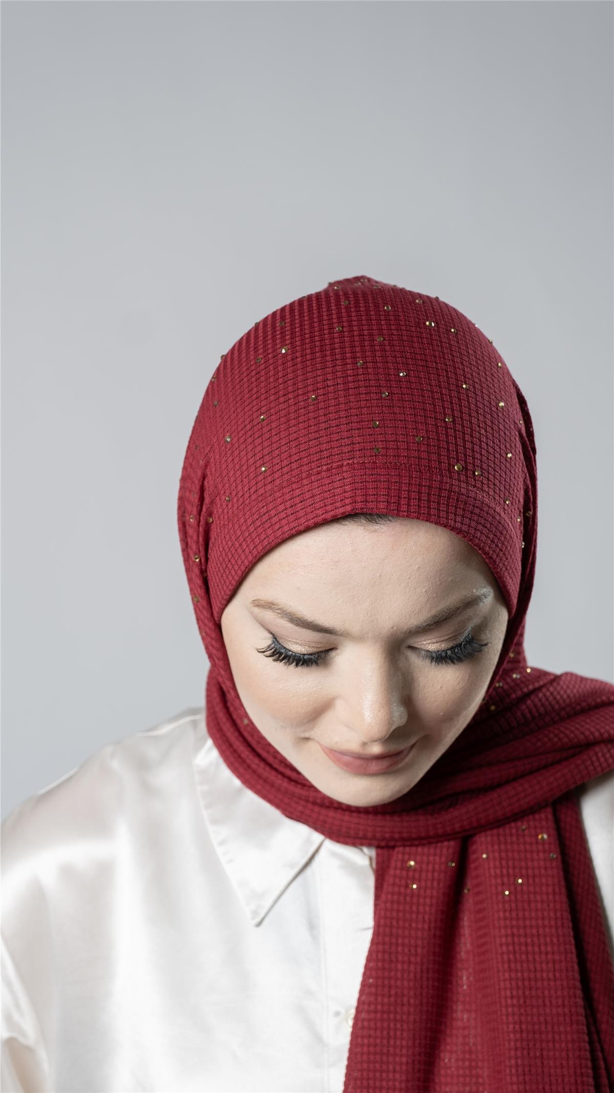Bordo Pratik Hazır Geçmeli Tesettür Şal Örme Kumaş Taş Desenli 2118T_16