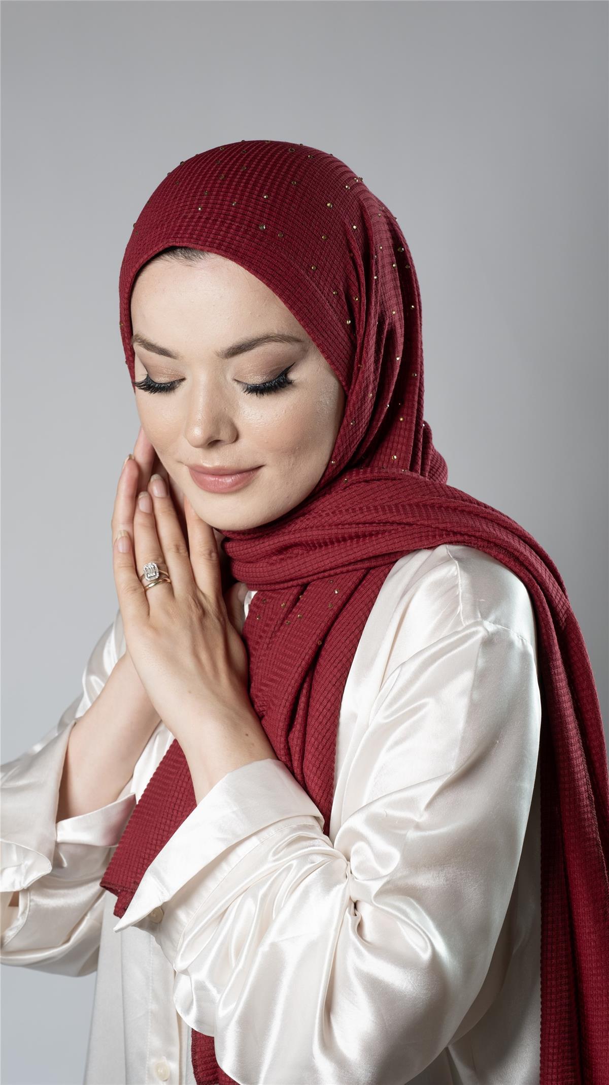 Bordo Pratik Hazır Geçmeli Tesettür Şal Örme Kumaş Taş Desenli 2118T_16