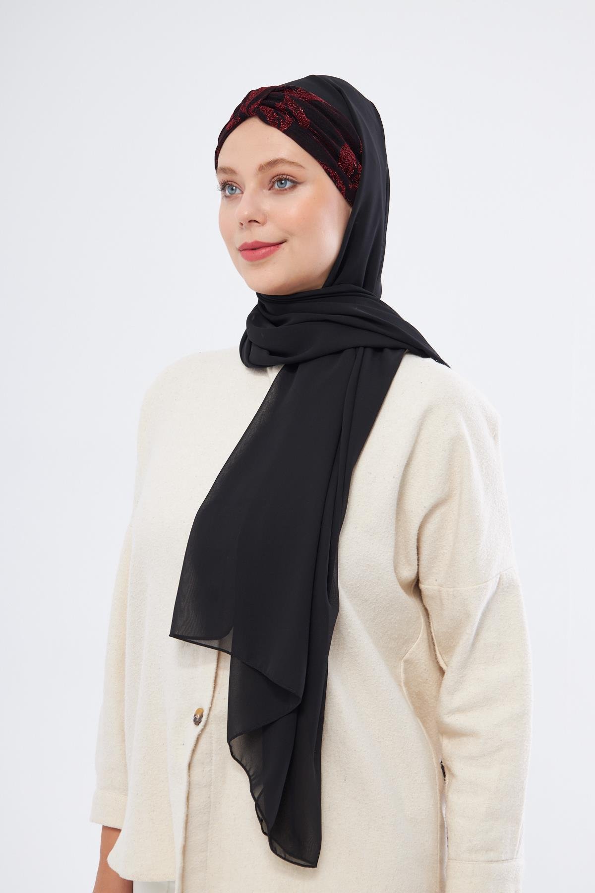 Bordo Taşlı Arkadan Bağlamalı Şal Şifon Çiçek Desenli 2318_16