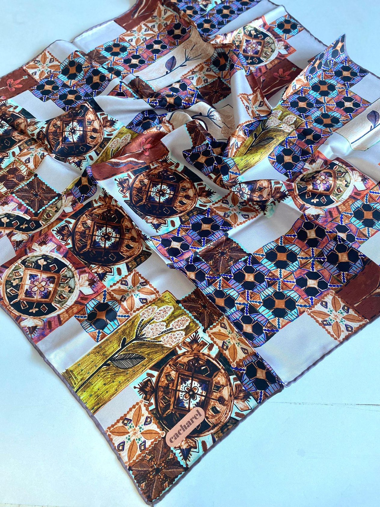 Cacharel Defective Twill Silk Scarf 41889 Orange Mixed Pattern