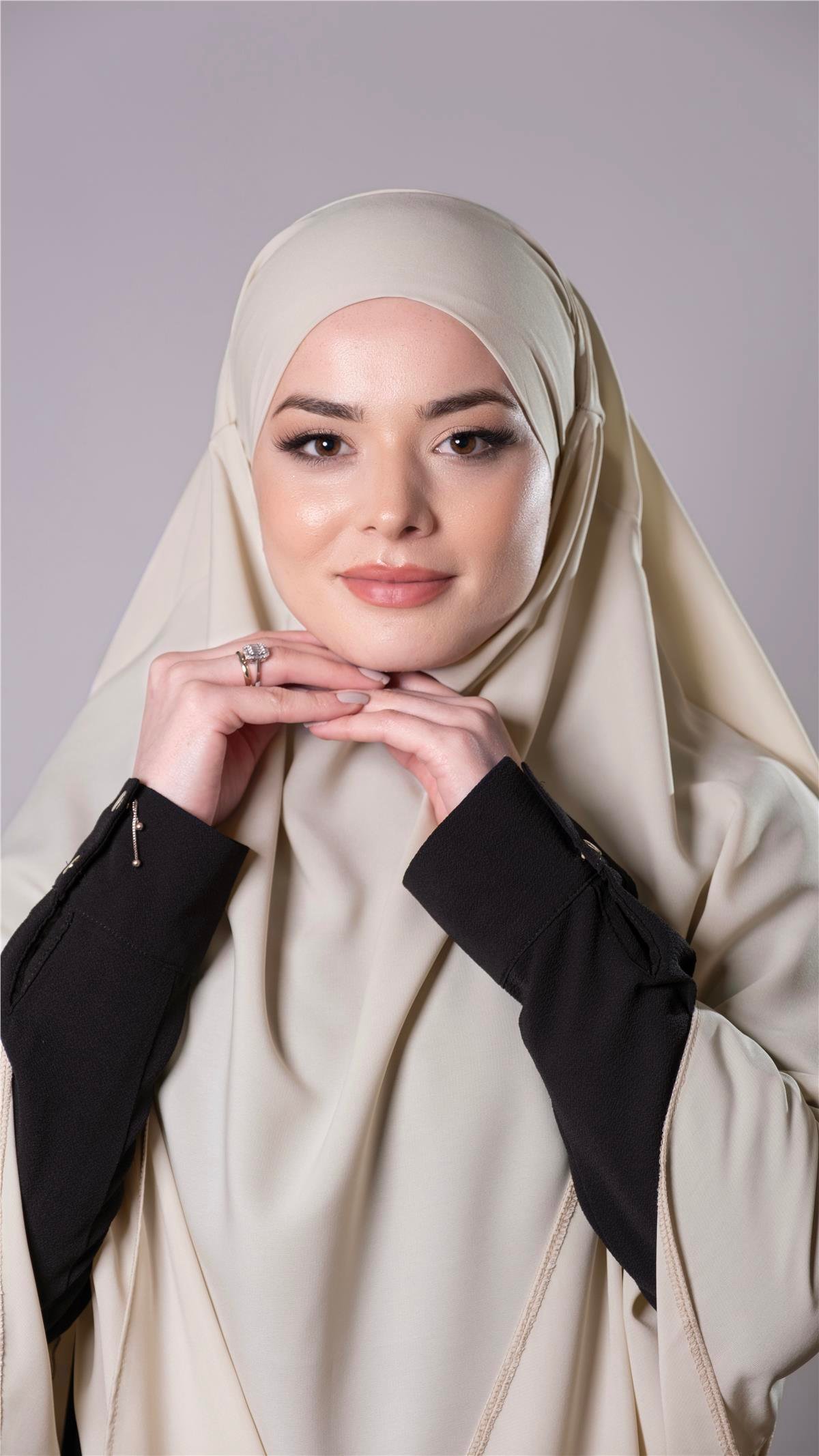 Ekru Pratik Hazır Geçmeli Tesettür Eşarp Medine İpeği Kumaş Arkadan Bağlamalı Çift Katlı Sufle Hijab 2302_27