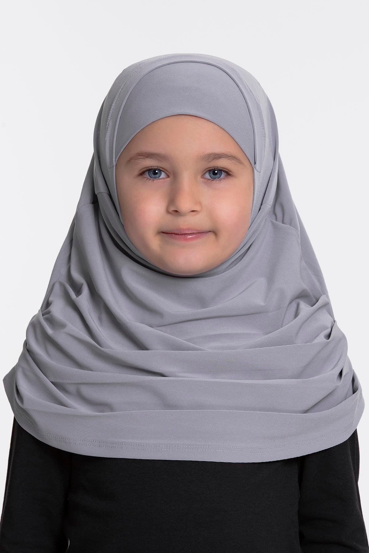 Gri Pratik Hazır Geçmeli Çocuk Tesettür Bone Sandy Kumaş Kendinden Boneli 78_15