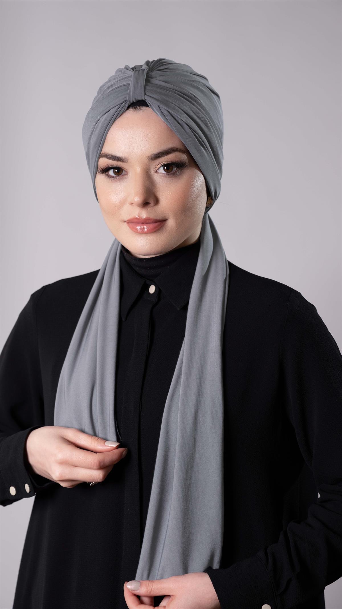 Gri Pratik Hazır Geçmeli Tesettür Bone Sandy Kumaş Atkılı  2204_15
