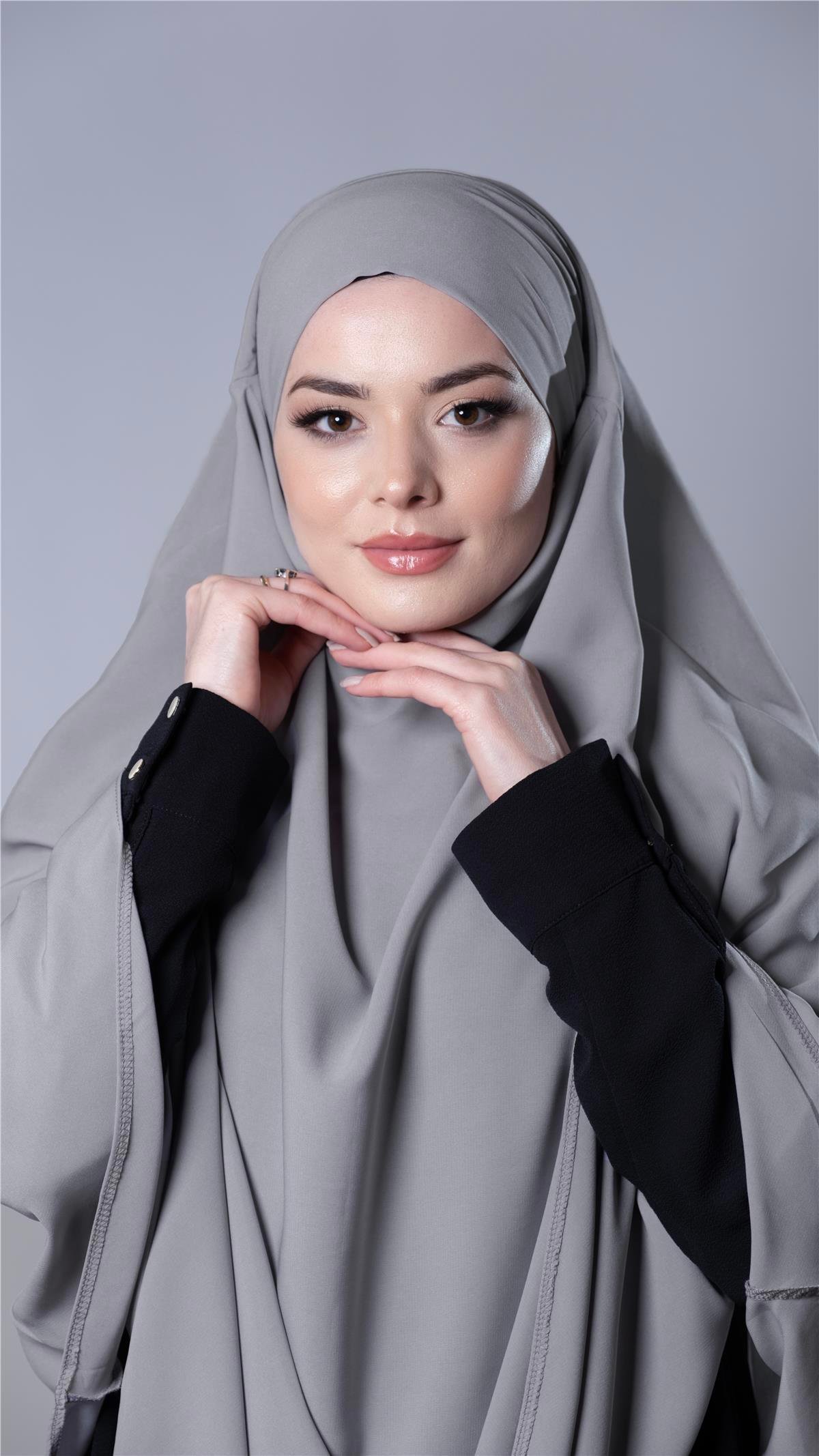 Gri Pratik Hazır Geçmeli Tesettür Eşarp Medine İpeği Kumaş Arkadan Bağlamalı Sufle Hijab 2301_15