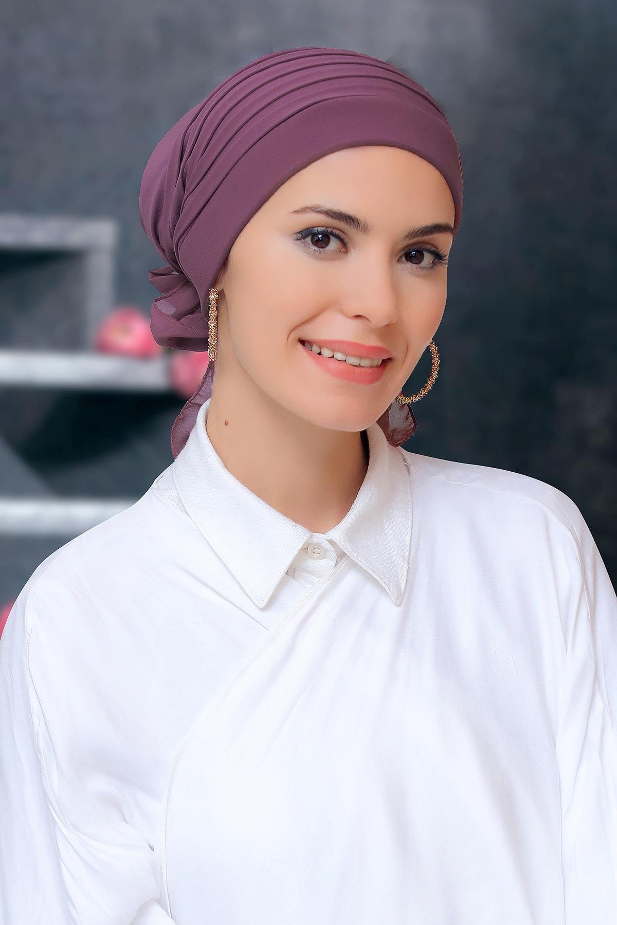 Gül Kurusu Pratik Hazır Geçmeli Tesettür Bone Sandy Kumaş Pileli Nervürlü Güllü 1806_18