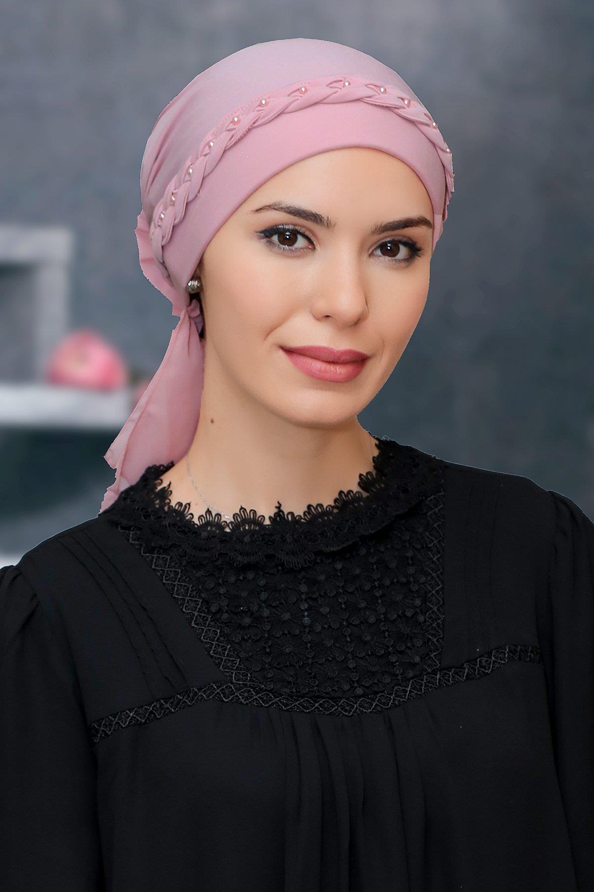 Gül Kurusu Pratik Hazır Geçmeli Tesettür Bone Sandy Kumaş Örgülü Güllü 1203_18