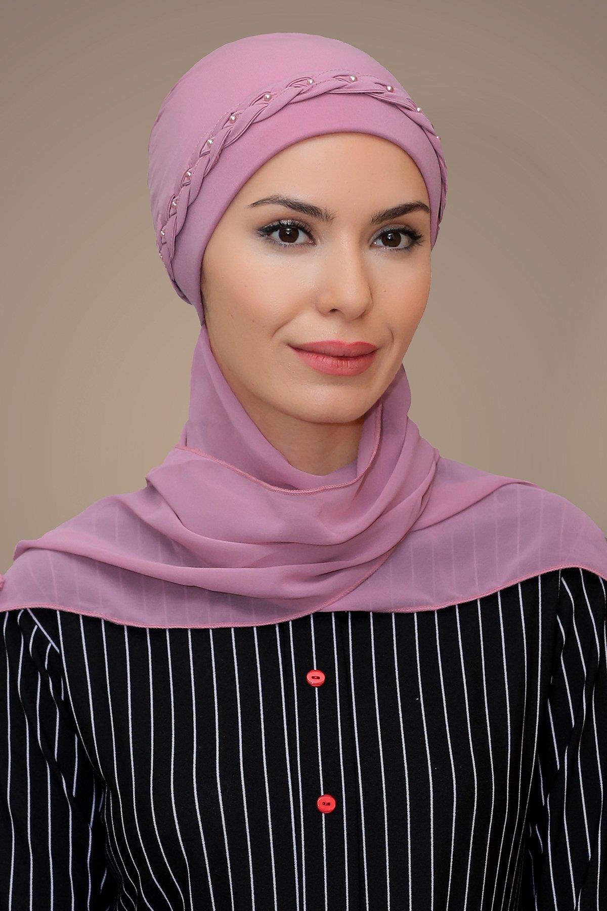 Gül Kurusu Pratik Hazır Geçmeli Tesettür Bone Sandy Kumaş Örgülü Güllü Şifon Atkılı 1203A_18