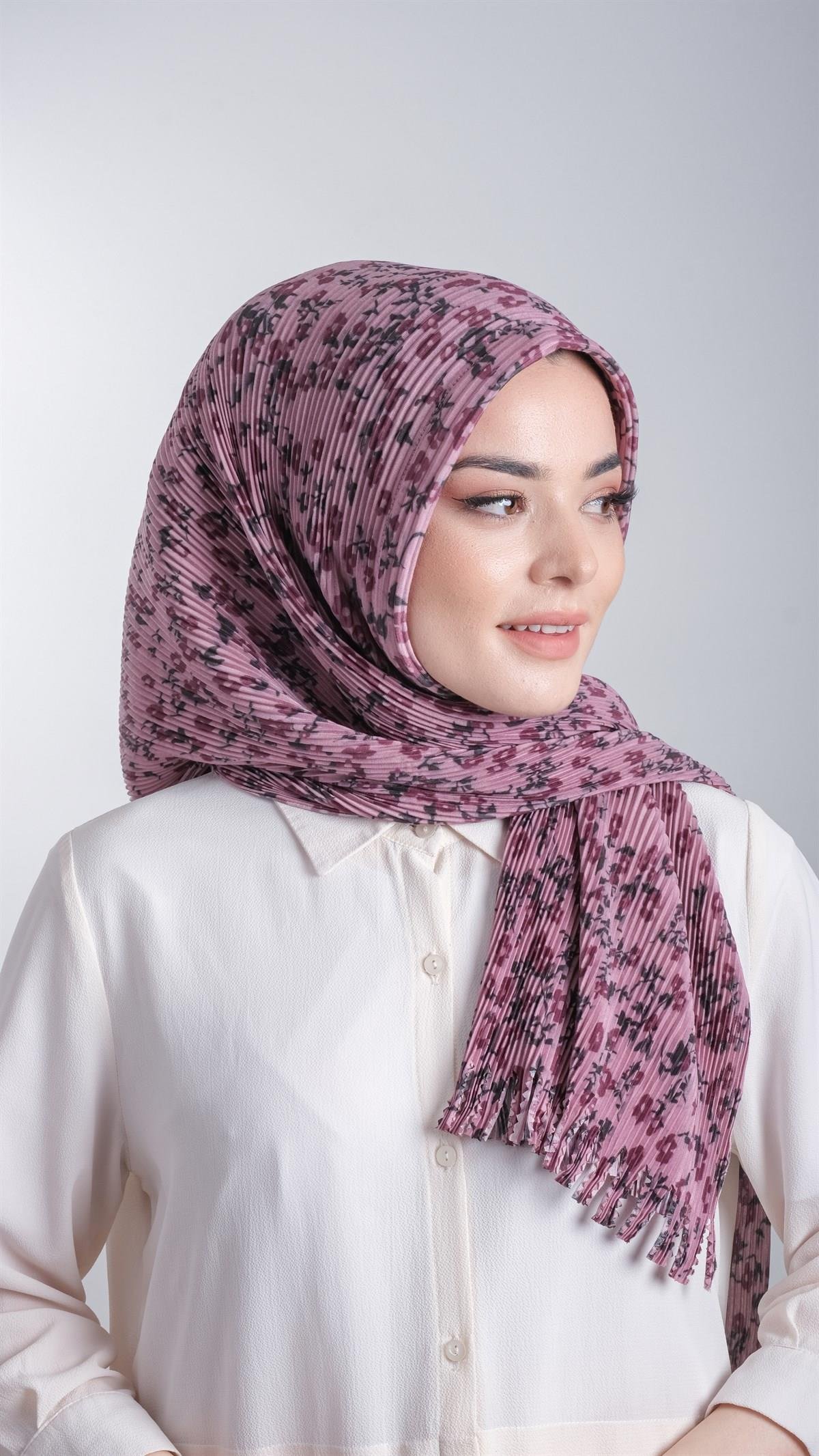 Gül Kurusu Pratik Hazır Geçmeli Tesettür Eşarp Kesik Elyaf Piliseli Çiçek Desenli 1818D7_18