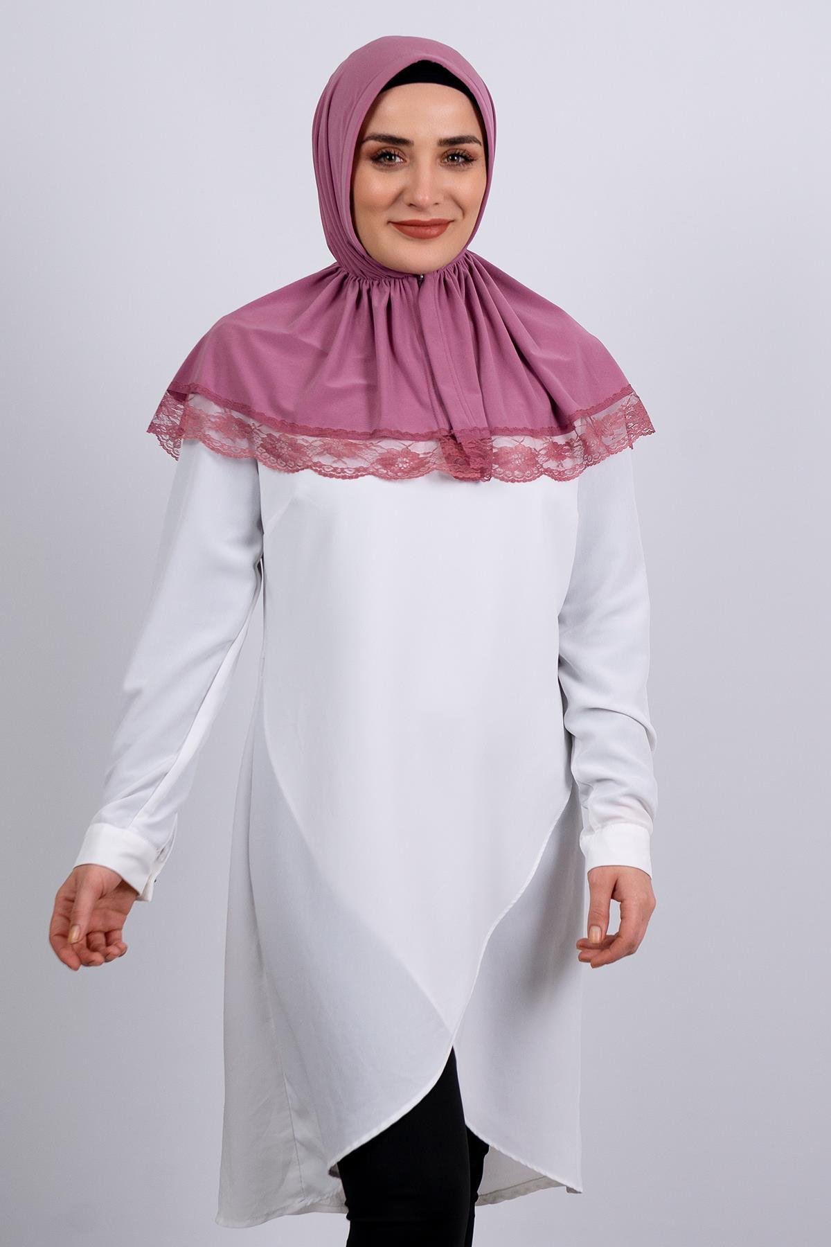 Gül Kurusu Pratik Hazır Geçmeli Tesettür Eşarp Viskon Kumaş Çıtçıtlı Dantelli 2105_18