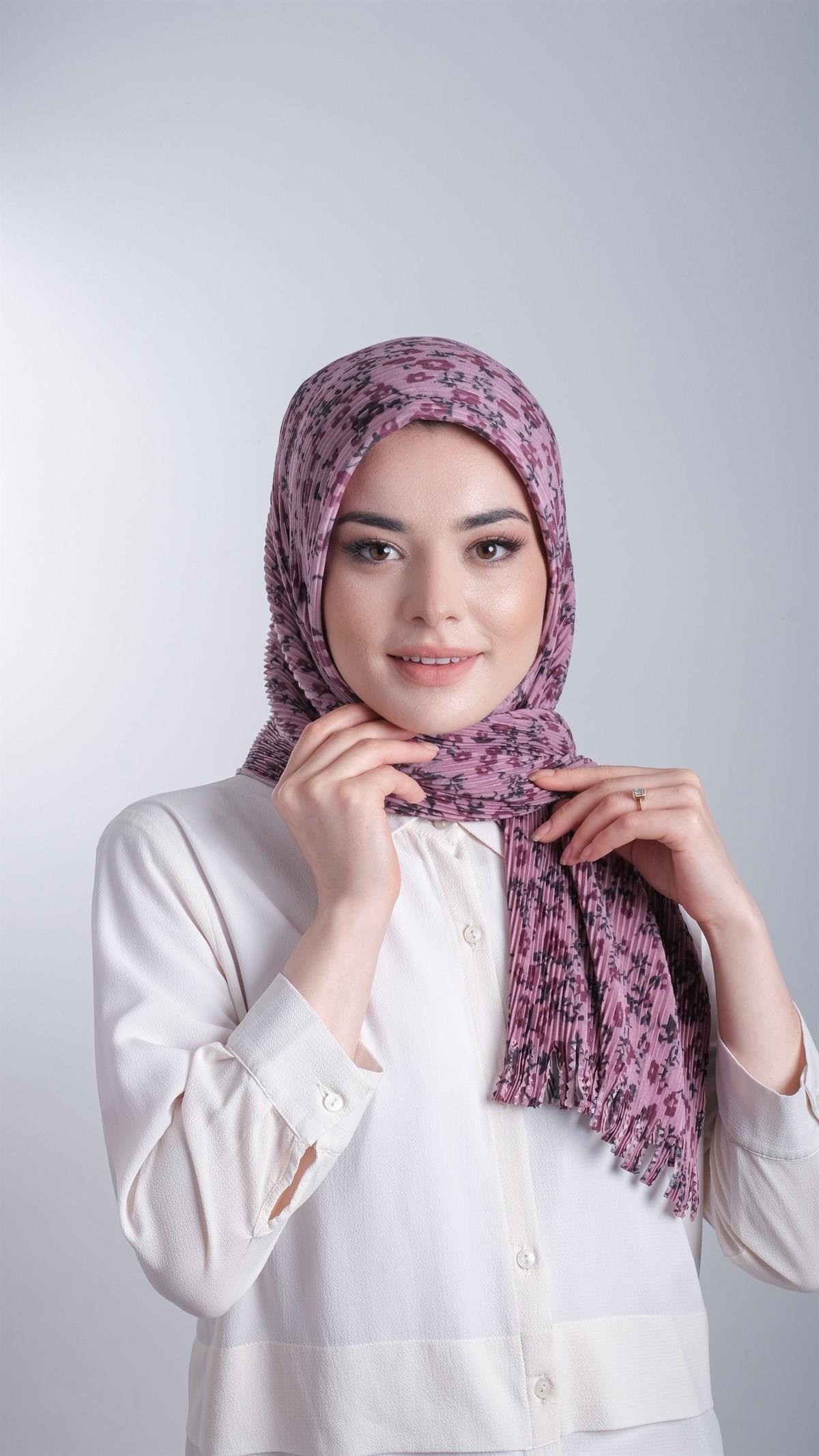 Gül Kurusu Pratik Hazır Geçmeli Tesettür Eşarp Kesik Elyaf Piliseli Çiçek Desenli 1818D7_18